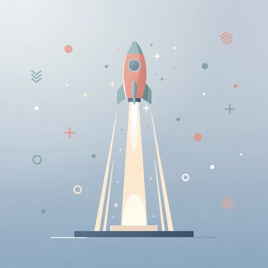 Scene illustration of a rocket launching upward representing simulated capital scaling and trading growth