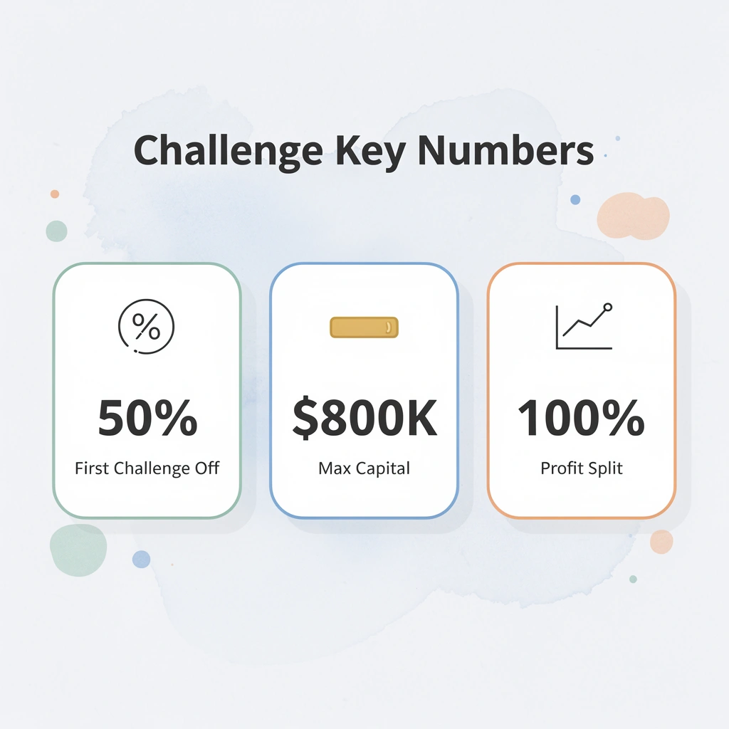 Infographic showing key numbers: 50% off, $800K capital, 100% profit split
