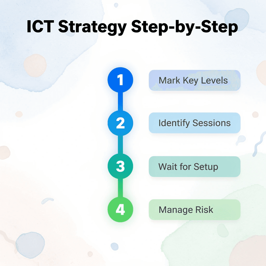 Numbered steps infographic showing the ICT trading strategy process