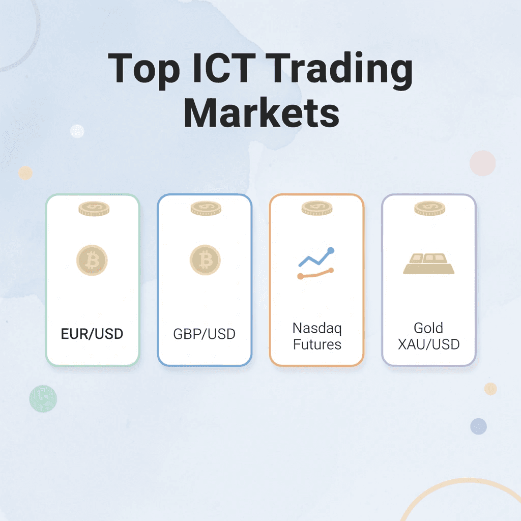 Infographic showing the top four ICT trading markets including EUR/USD, GBP/USD, Nasdaq futures, and Gold