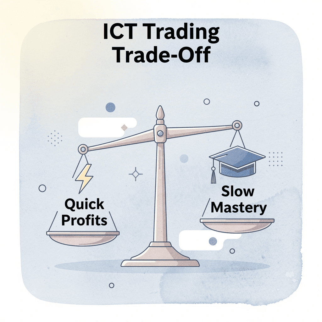  Balance scale comparing quick profits versus slow mastery in ICT trading