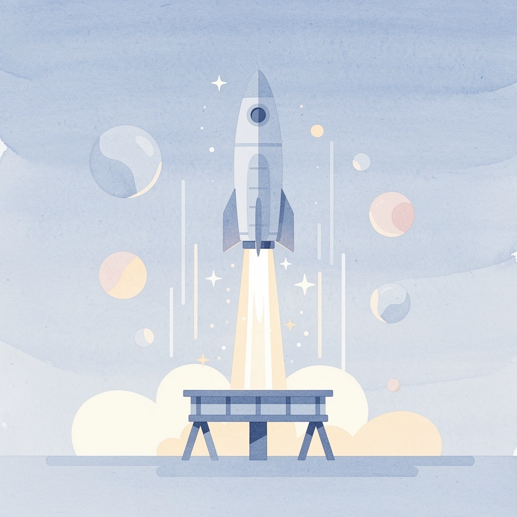 Scene illustration of a rocket launching upward, representing crypto trading growth