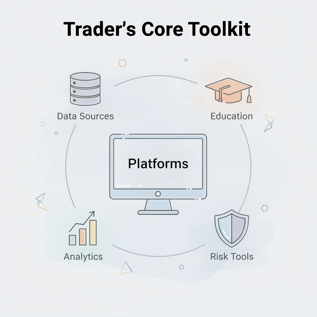Hub and spoke infographic showing the five components of a crypto trader's core toolkit