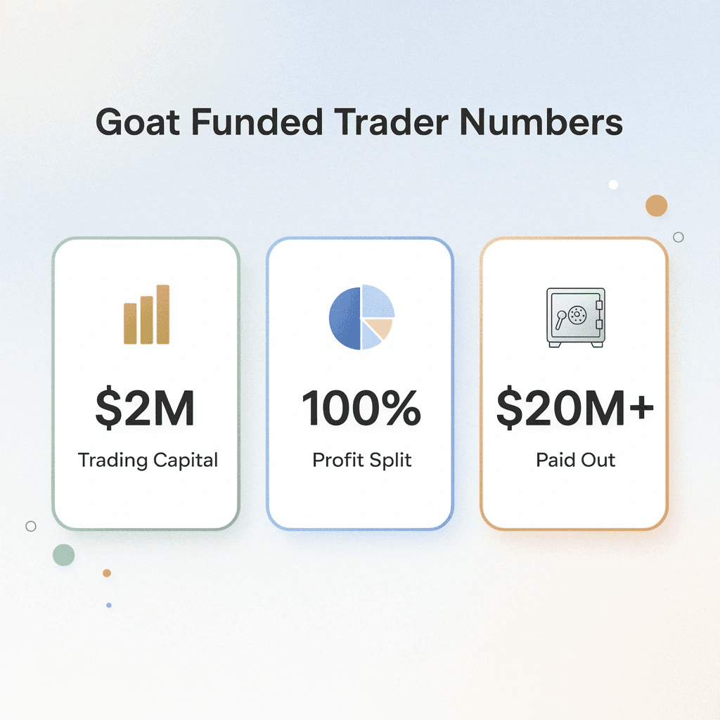 Infographic showing key Goat Funded Trader statistics including 2 million in capital, 100% profit split, and 20 million paid out