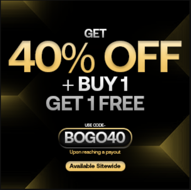 Goat Funded Trader promotion: 40% Off on all funded accounts + Buy 1 Get 1 Free.