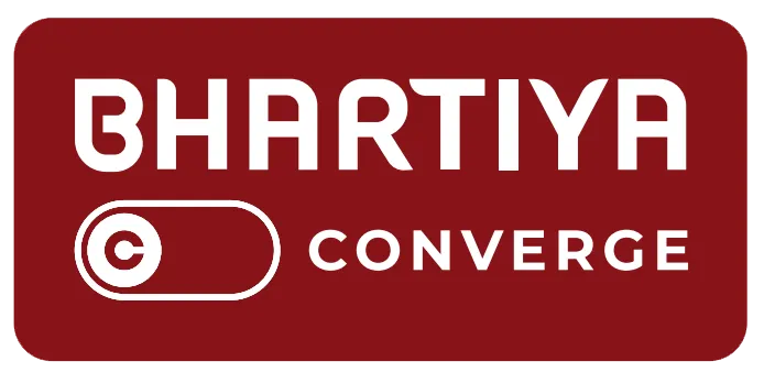 Bhartiya Converge logo with stylized 'Bhartiya' text above a circular toggle icon and the word 'Converge' on a maroon rounded rectangle background.