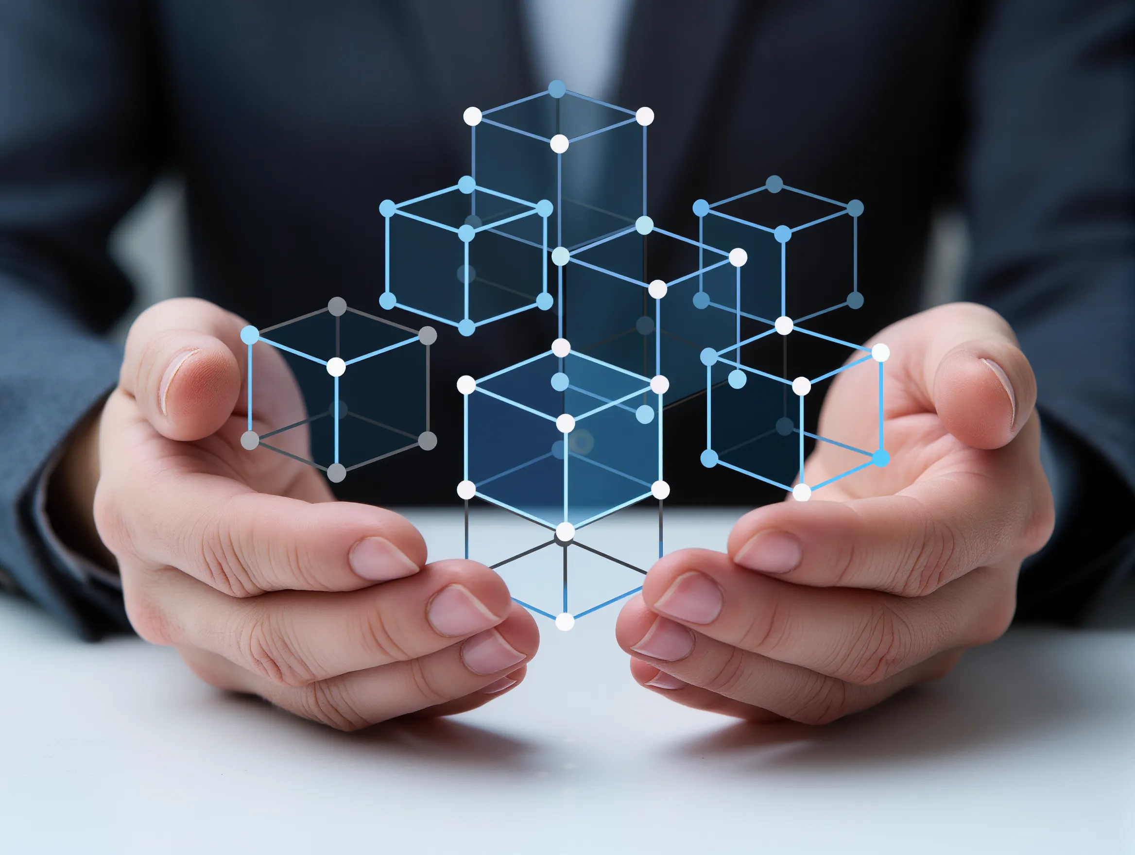 Hands in a suit cupping transparent digital cubes representing blockchain technology.