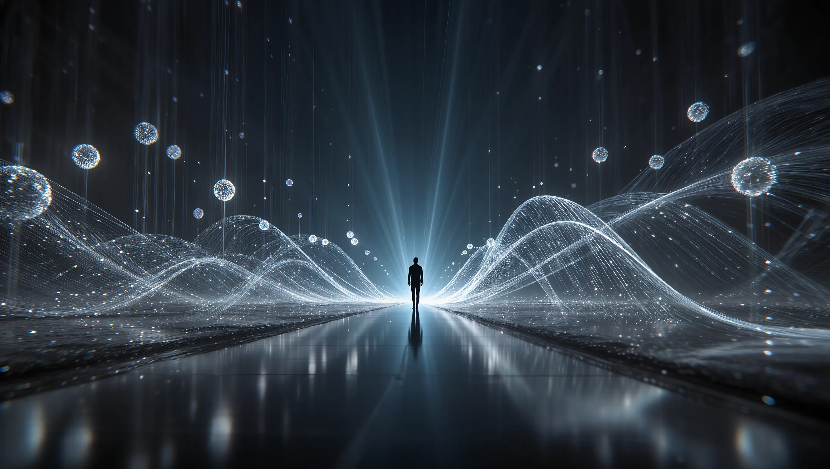 Silhouette of a person standing on a reflective pathway surrounded by glowing wave-like digital lines and floating spheres.