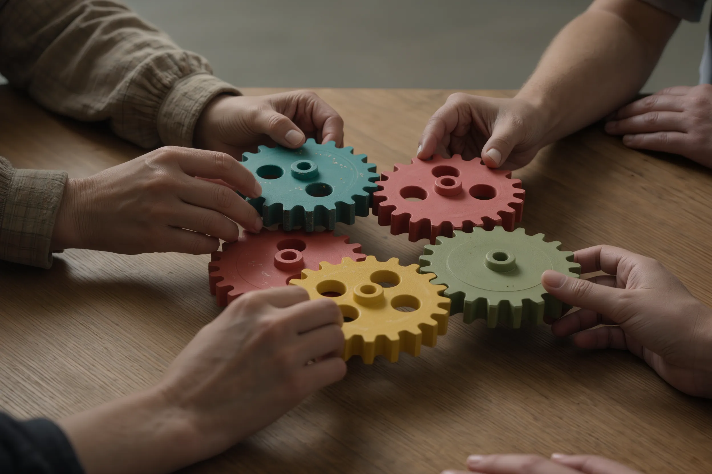 Four pairs of hands holding and connecting colorful interlocking gears on a wooden table.