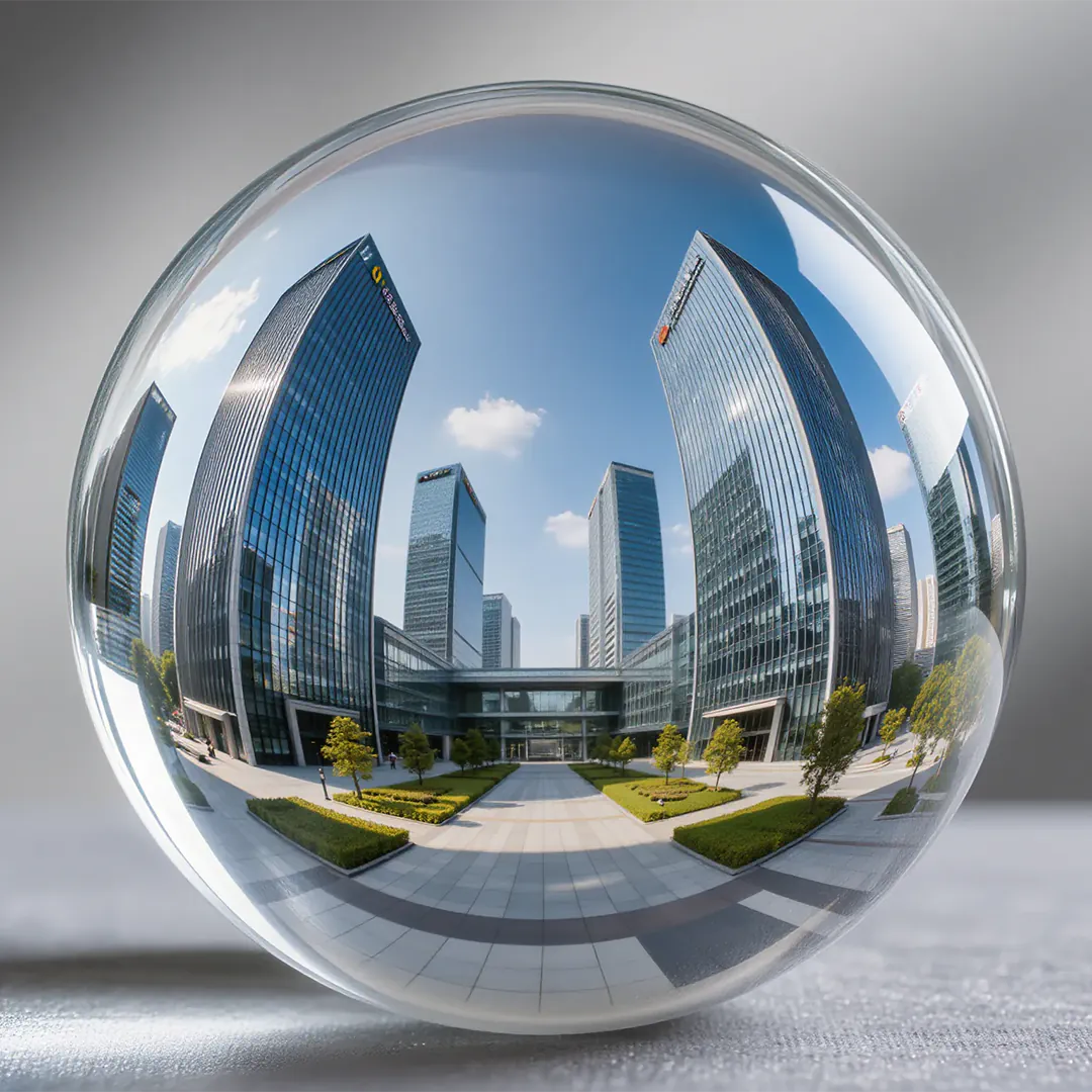 Reflection of modern glass skyscrapers and landscaped courtyard inside a clear glass sphere on a gray surface.