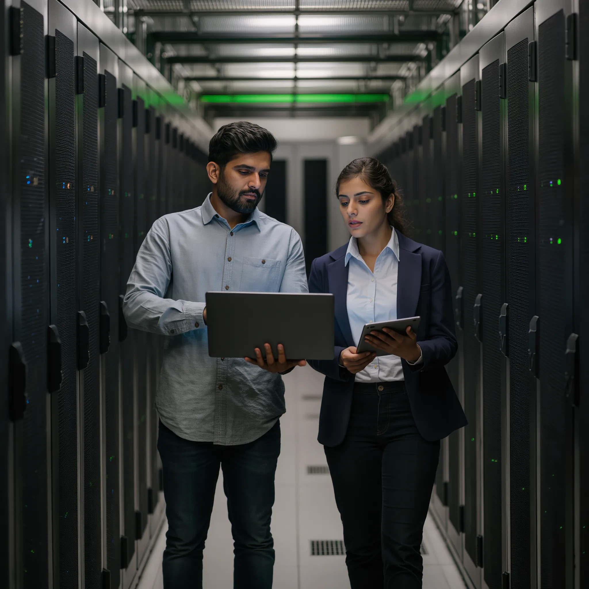 Two IT professionals standing in a server room, one holding a laptop and the other a tablet.
