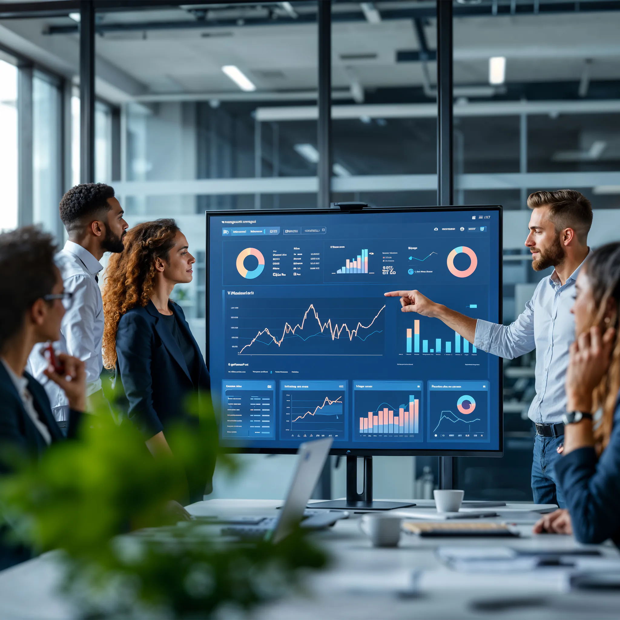 Man presenting financial dashboard with charts and graphs to attentive colleagues in a modern office.