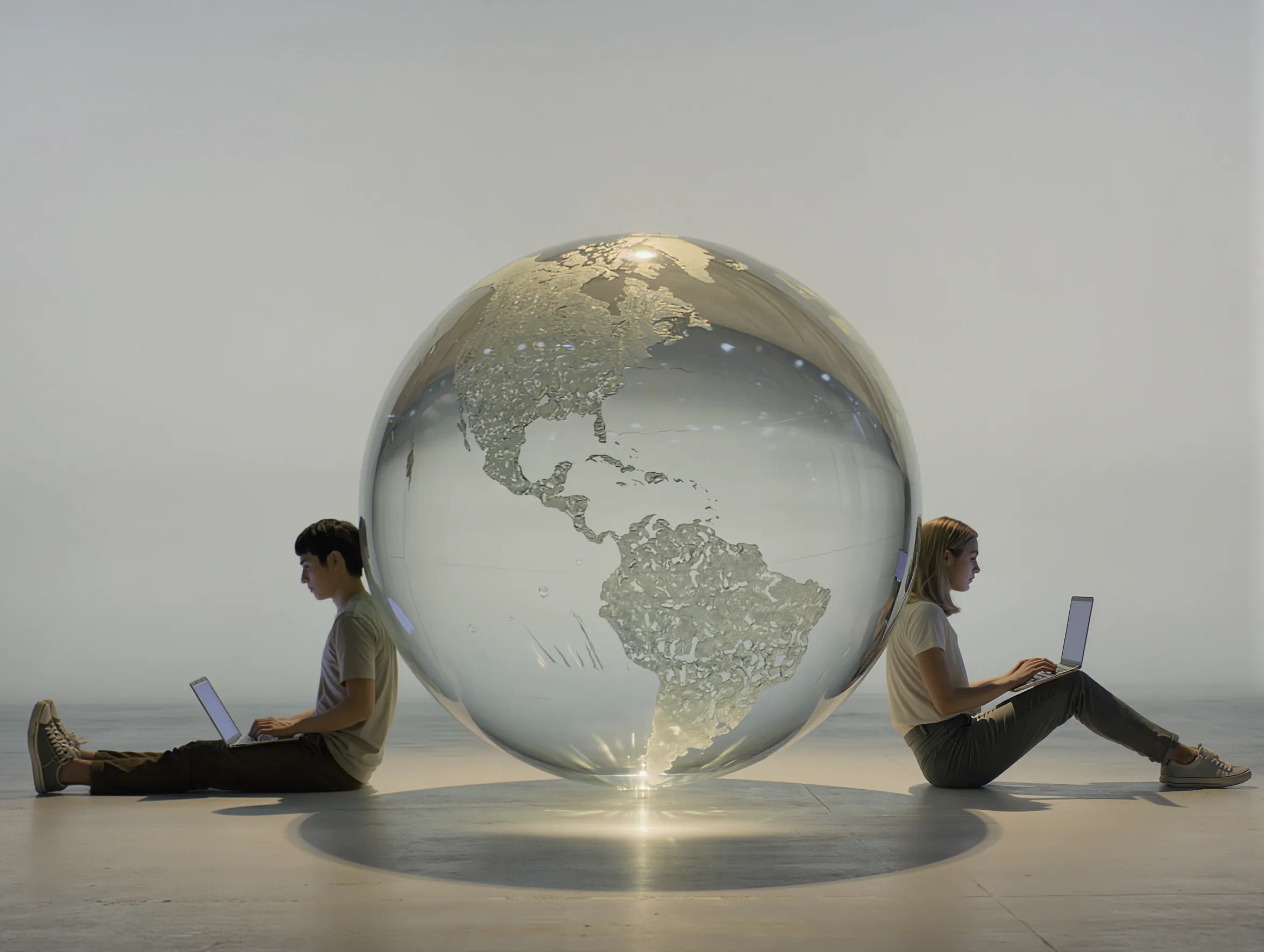 Man and woman sitting back-to-back on the floor using laptops, with a large glass globe showing the Americas between them.