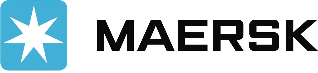 Maersk logo featuring a white seven-pointed star inside a blue square next to the word Maersk.