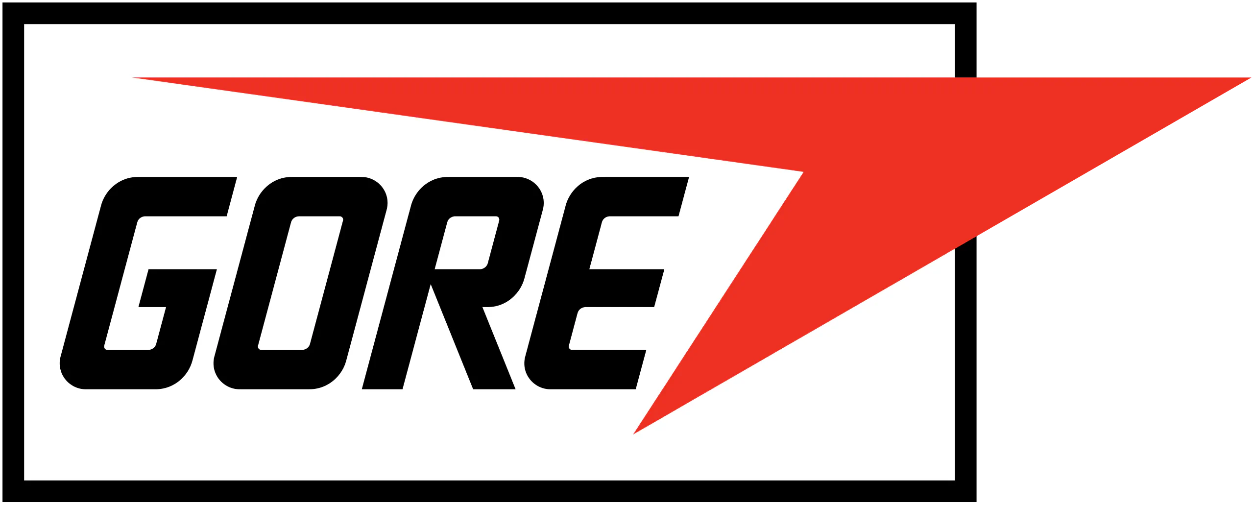 GORE logo with bold black letters and a red triangular shape pointing right.
