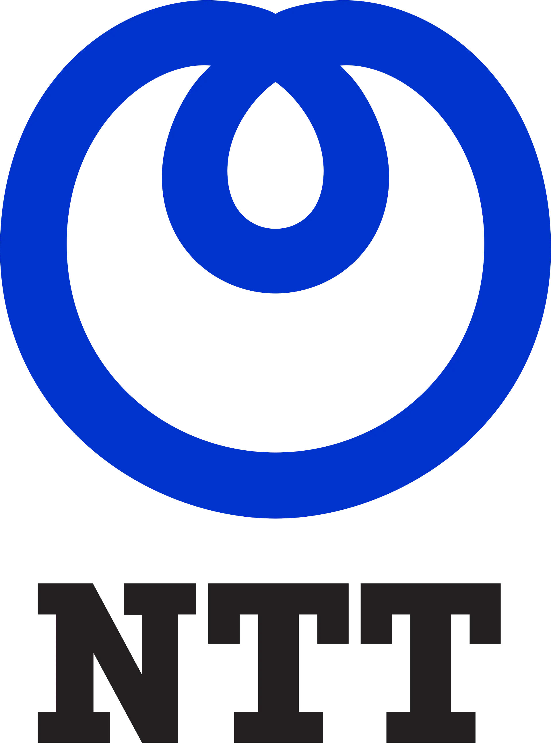 NTT logo featuring a blue circular symbol above bold black letters NTT.