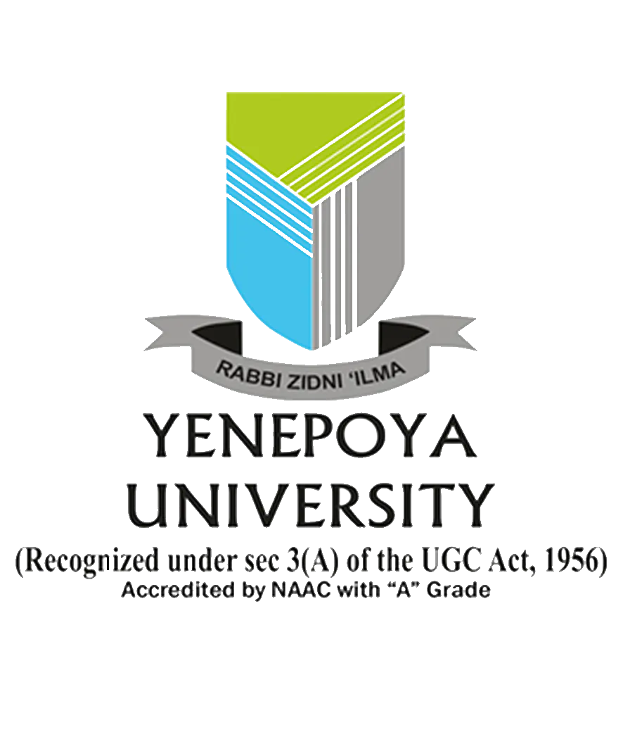 Yenepoya University logo with shield in green, blue, and gray, and motto 'RABBI ZIDNI 'ILMA', recognized under section 3(A) of the UGC Act, 1956, accredited by NAAC with 'A' Grade.