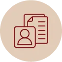 Icon of a person profile picture overlapping a document with lines of text, in maroon on a beige circle background.