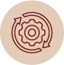 Icon of a gear with two circular arrows around it indicating process or mechanical rotation.