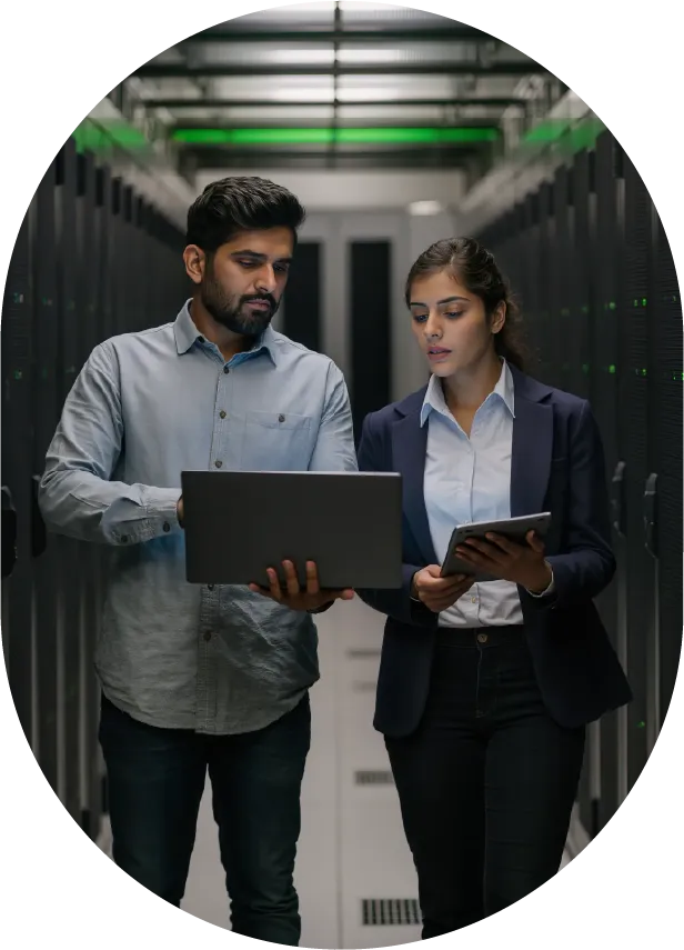 Man and woman reviewing data on laptop and tablet in a server room aisle.