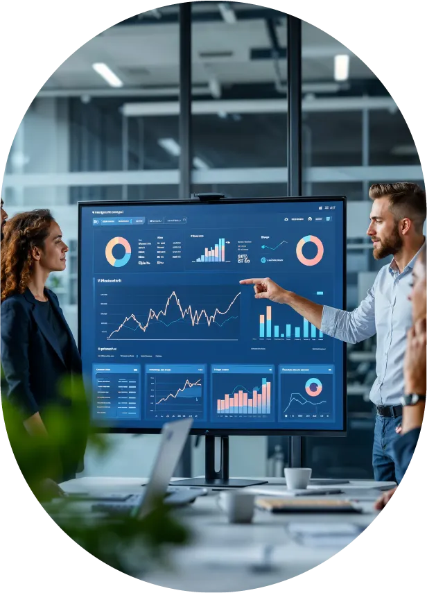 Business team analyzing data charts and graphs on a large screen during a meeting in a modern office.