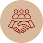 Icon of two hands shaking below a group of three people, symbolizing teamwork or collaboration.