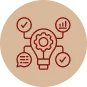Light bulb with gear and icons for checklist, speech bubble, and bar chart symbolizing ideas and planning.