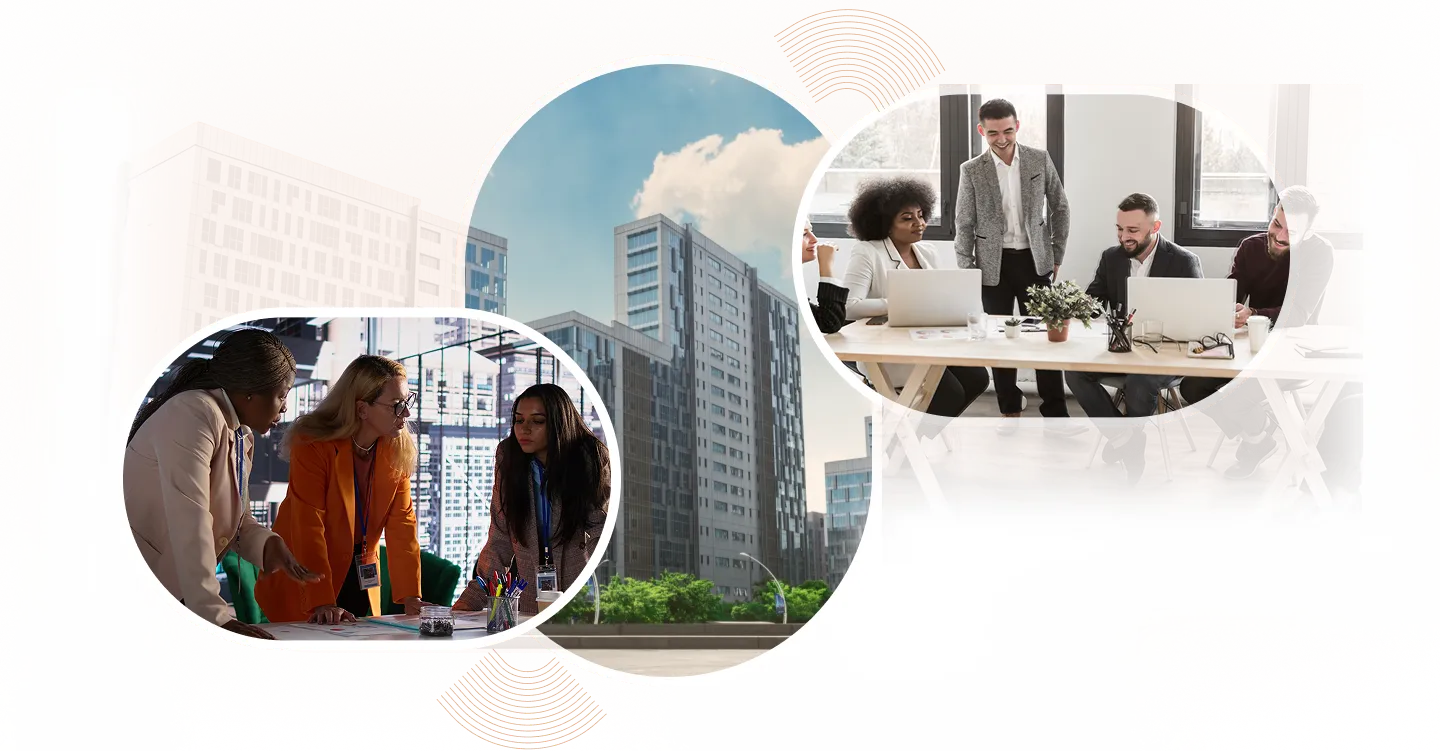 Collage showing diverse professionals discussing at a table and office buildings under a blue sky.