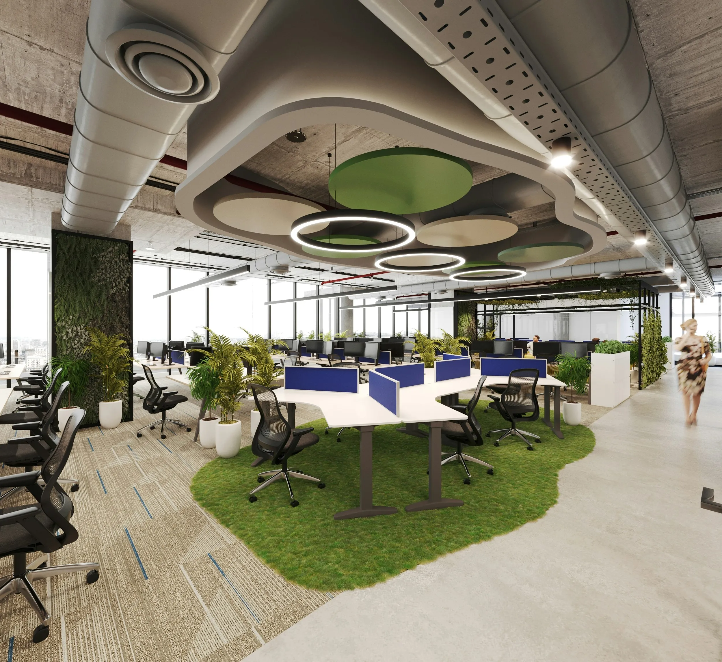 Modern open office space with blue partitioned desks, black chairs, hanging circular lights, and green plants.