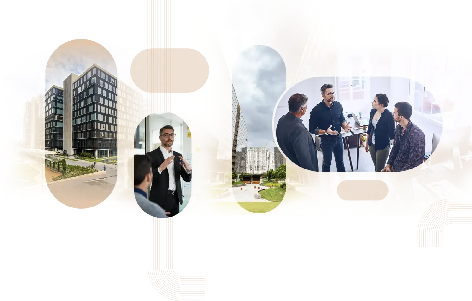 Collage showing modern office buildings, a man presenting in a meeting, and a group of four colleagues discussing indoors.
