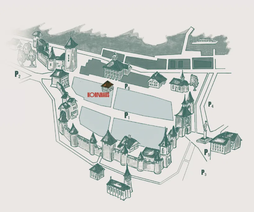 Illustrated map of a historical town center with labeled parking areas P1 to P6 and a highlighted building named Kornhaus near the central square.