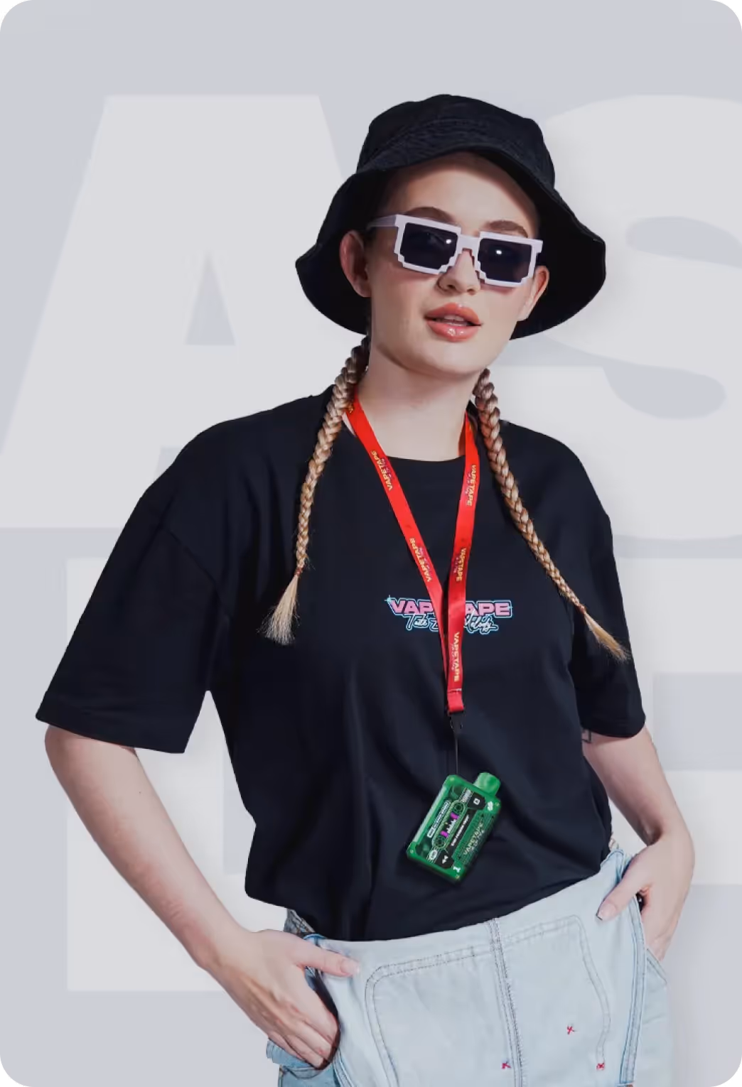 A lifestyle photo of a woman wearing sunglasses and an ASDF device lanyard, next to customer reviews.