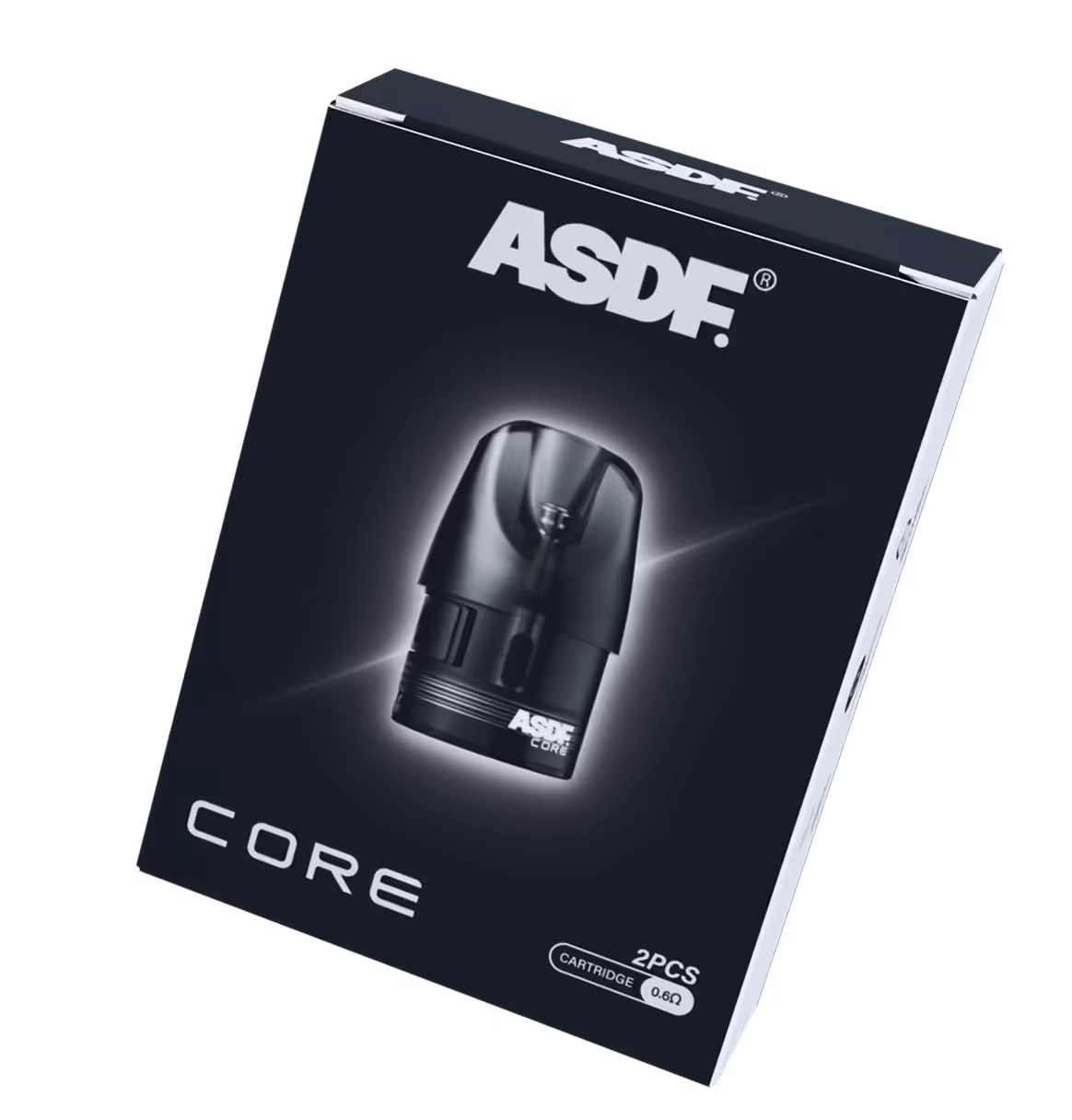 A black ASDF CORE vape device box displayed centrally with circular graphic highlights around it.