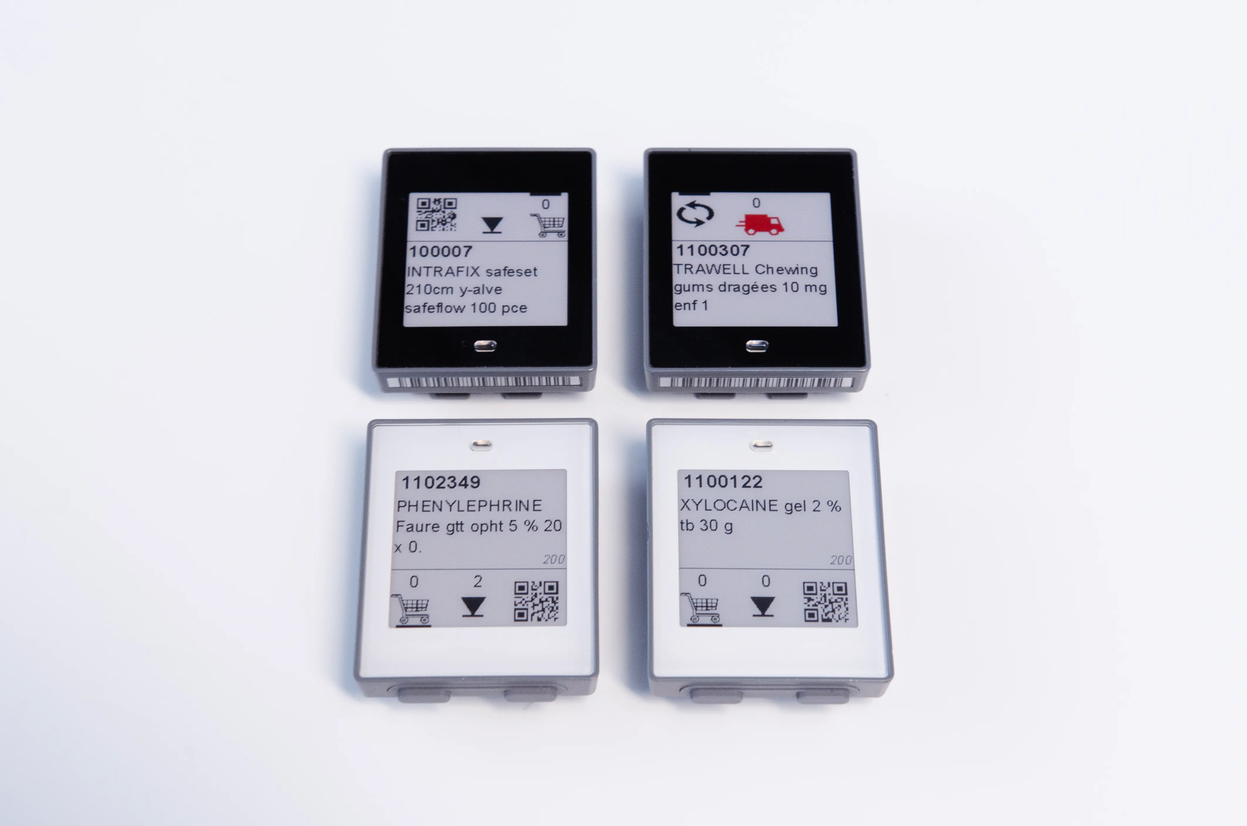 Four electronic labels with displayed information