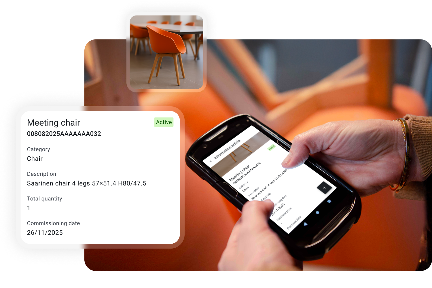 Persona che consulta la schermata dettagliata SolAsset di una sedia su uno smartphone