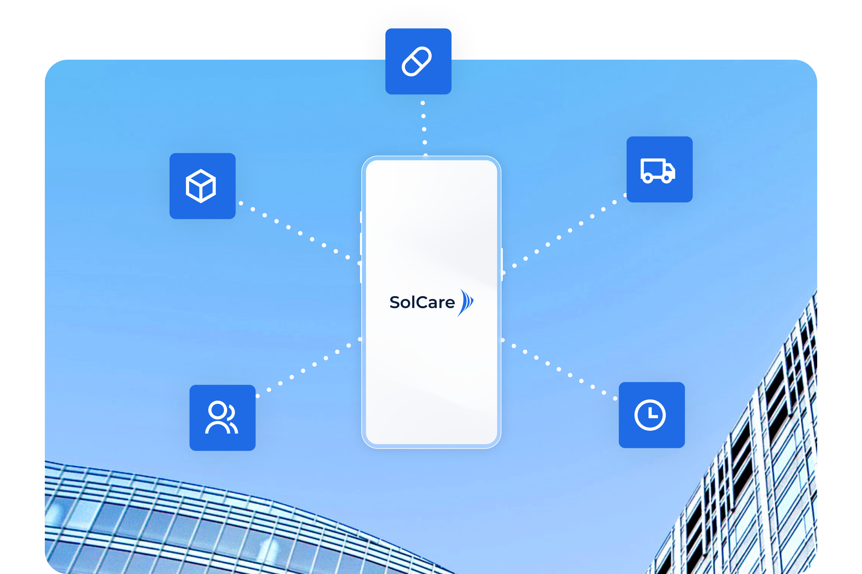 Smartphone con il logo SolCare, circondato da icone che illustrano le funzionalità principali