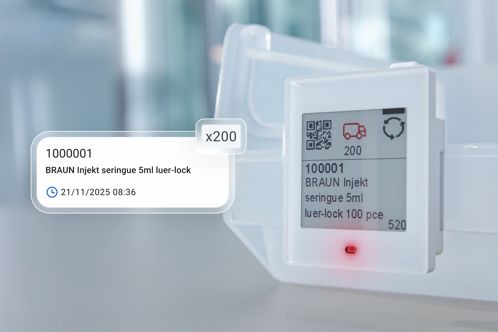 Etichetta elettronica di rifornimento lampeggiante con elementi dell'interfaccia SolCare visualizzati