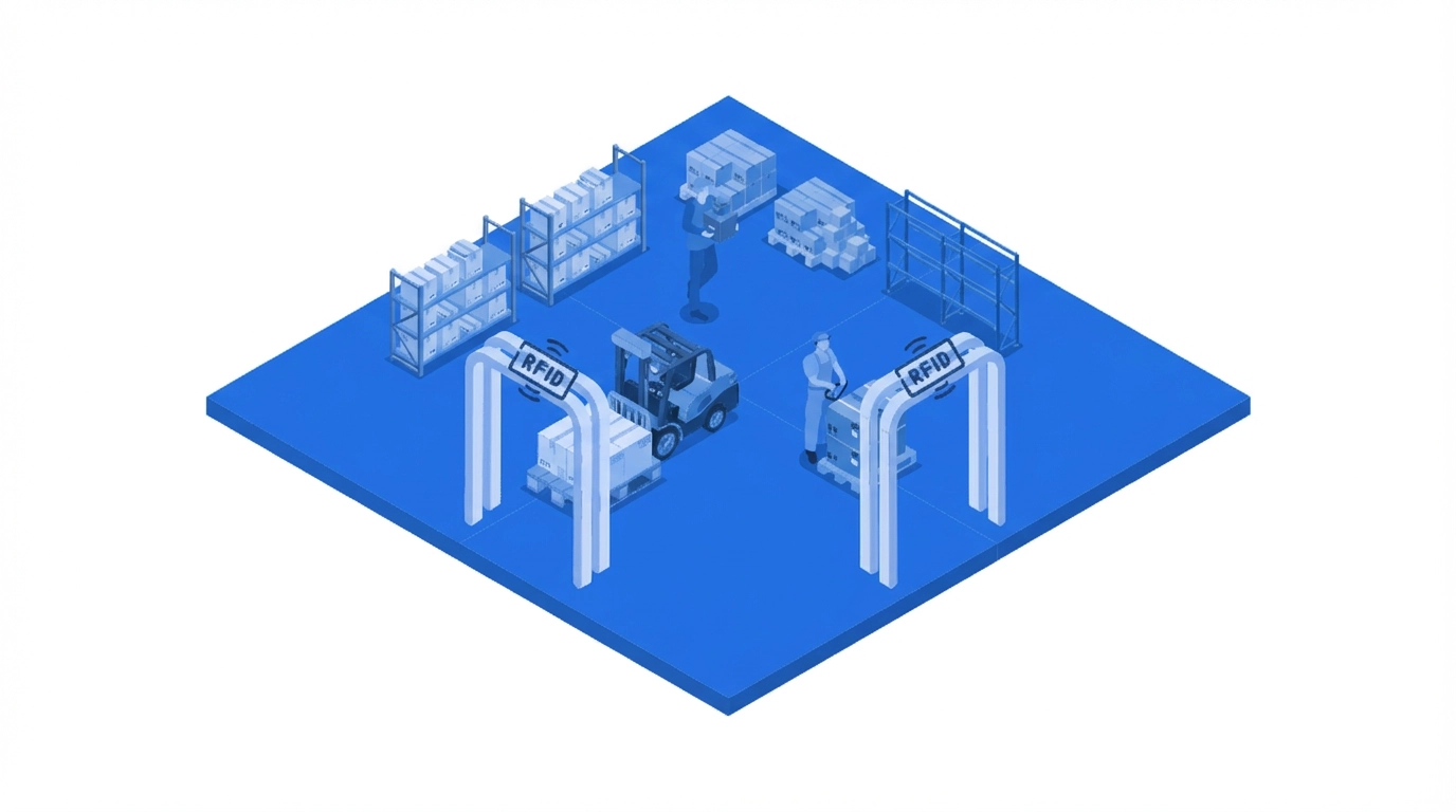 illustrazioni di una geolocalizzazione dei prodotti tramite portali RFID in un magazzino.