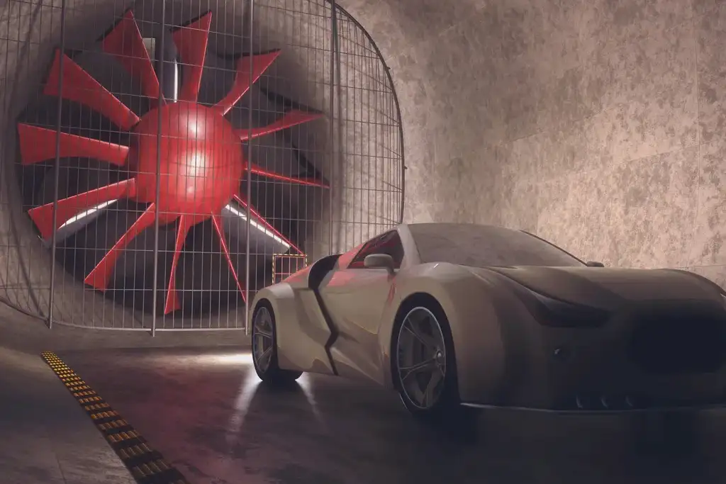 galleria del vento con un'auto sportiva