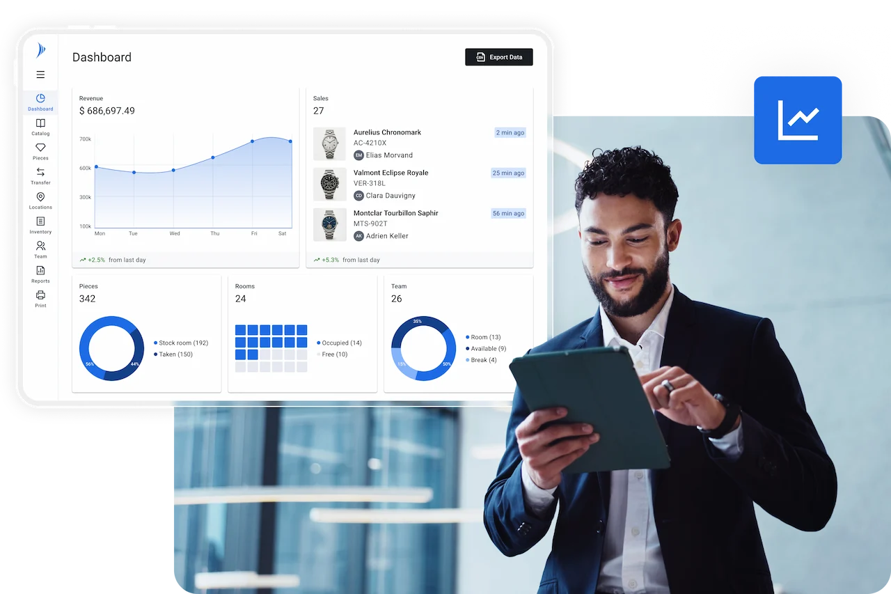 Uomo d'affari che consulta il pannello di controllo della soluzione SolShow su un tablet