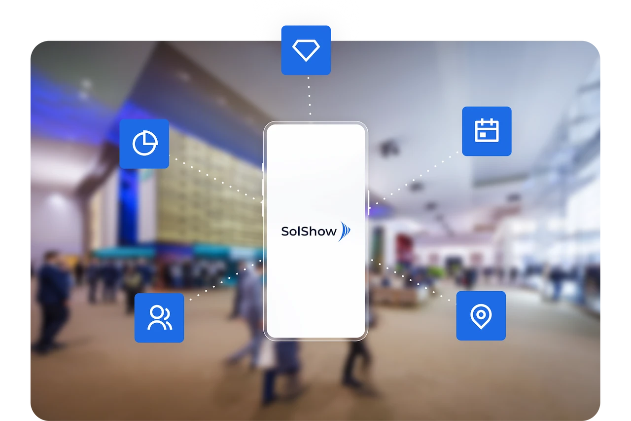 Smartphone con il logo SolShow, circondato da icone che rappresentano le funzionalità principali