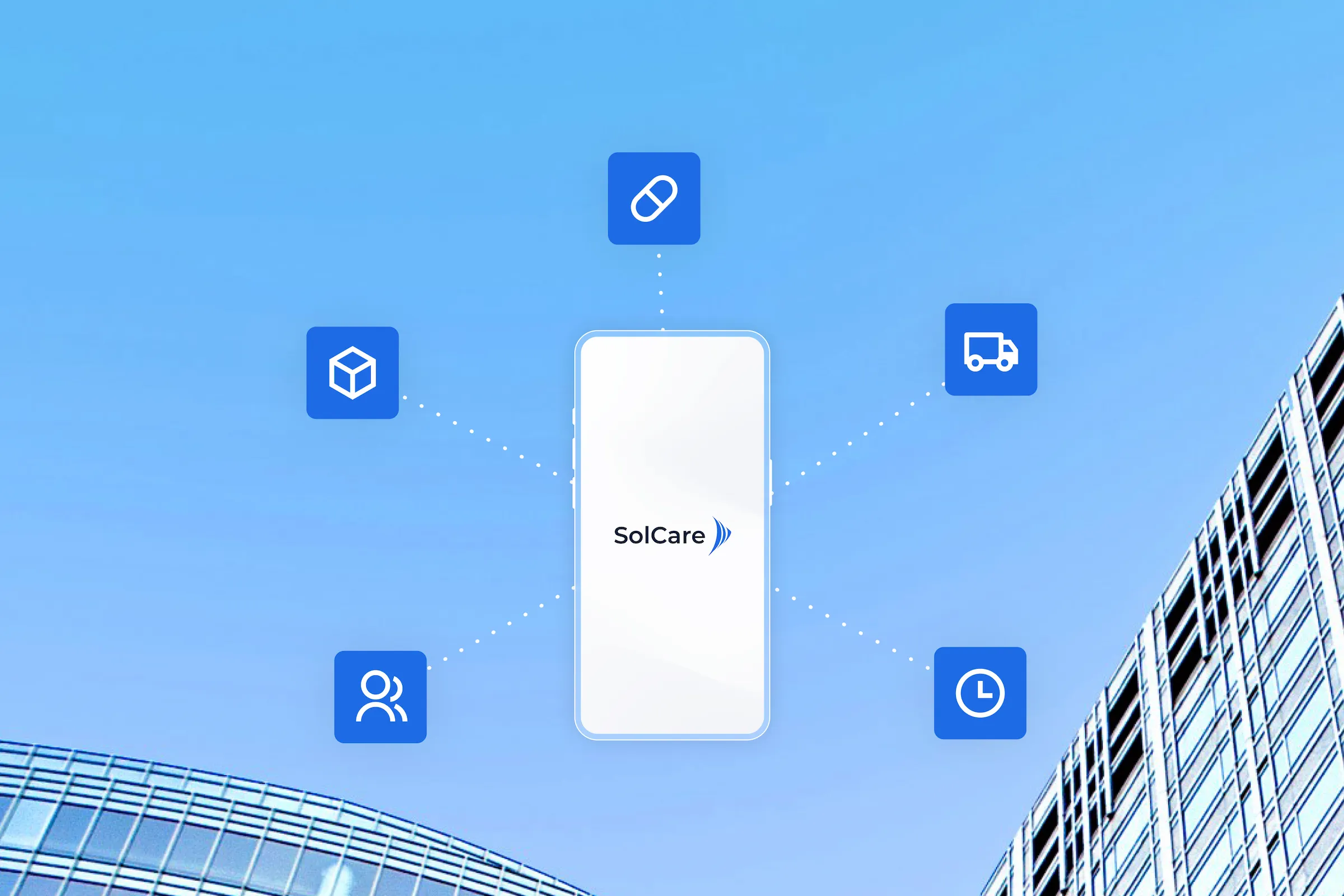 Smartphone with the SolCare logo surrounded by icons representing the solution's modules