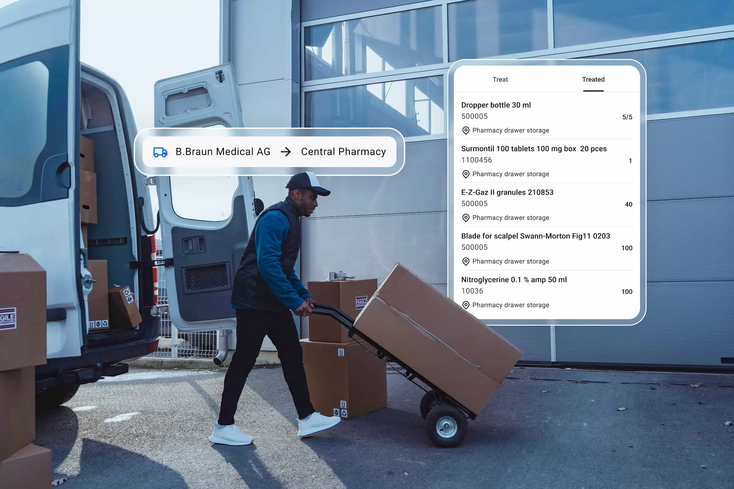 Delivery person dropping off packages with SolCare interface elements displayed