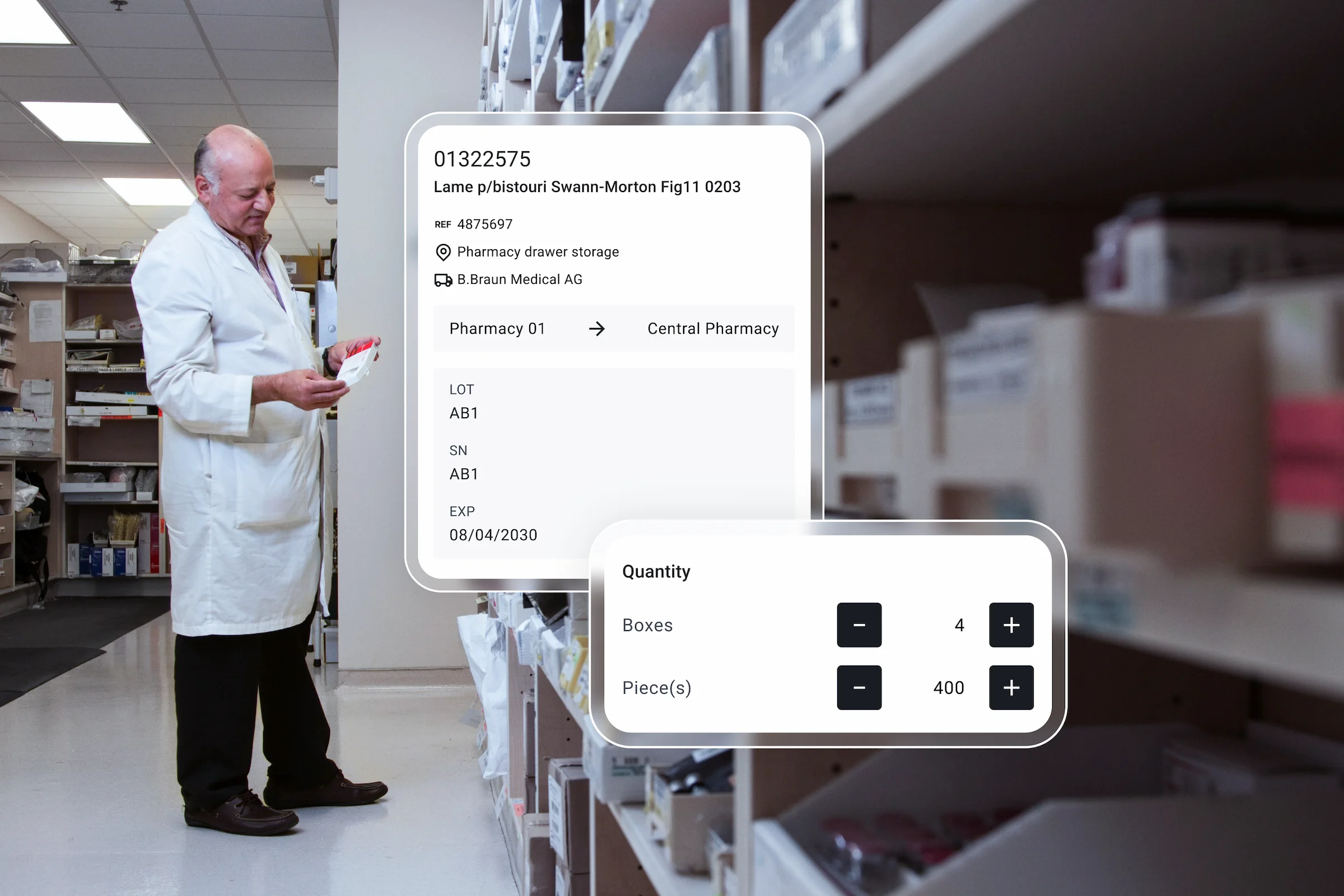 Medical staff holding a medication in their hands, with SolCare interface elements