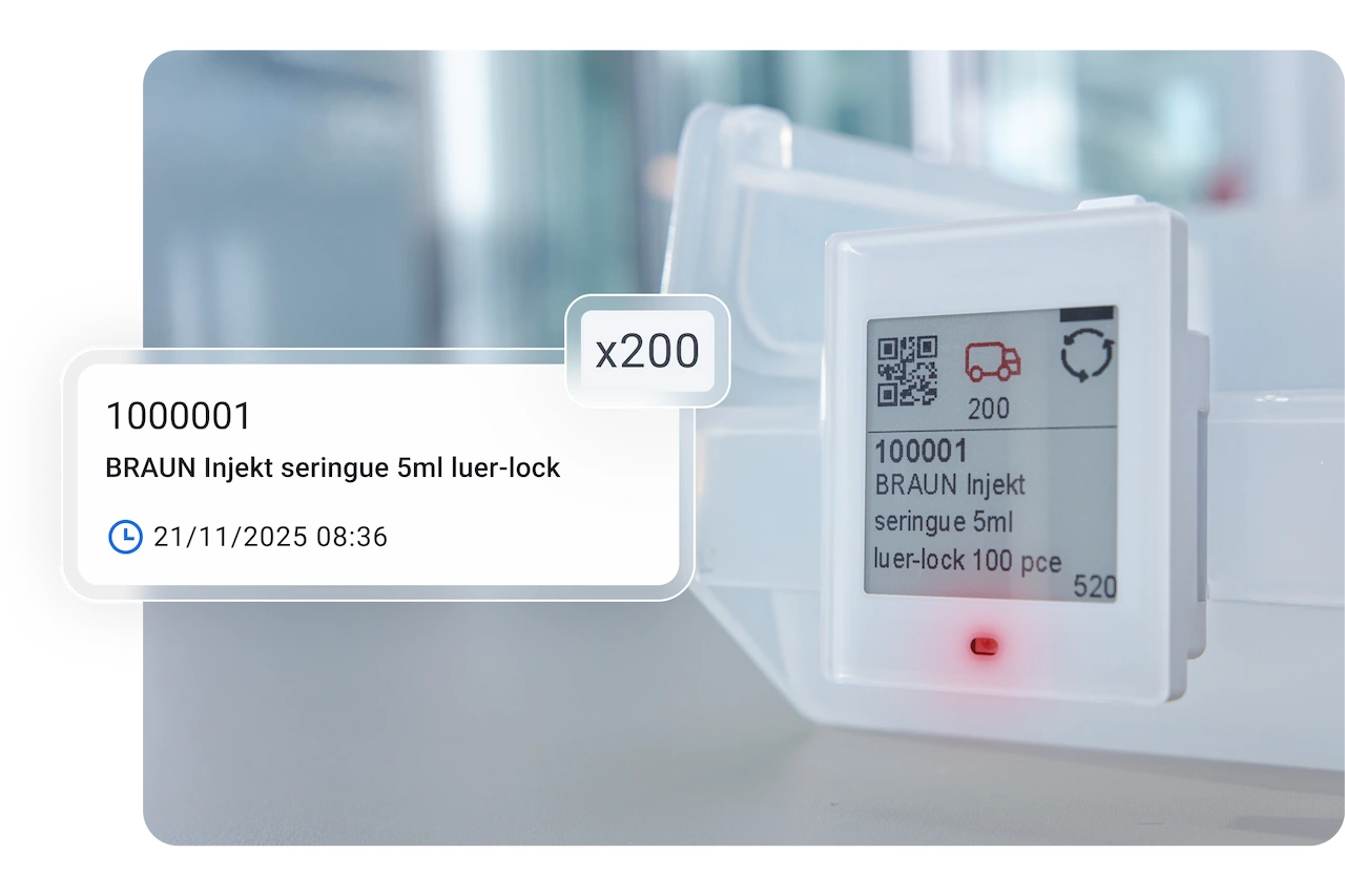 Flashing electronic replenishment label with SolCare interface elements