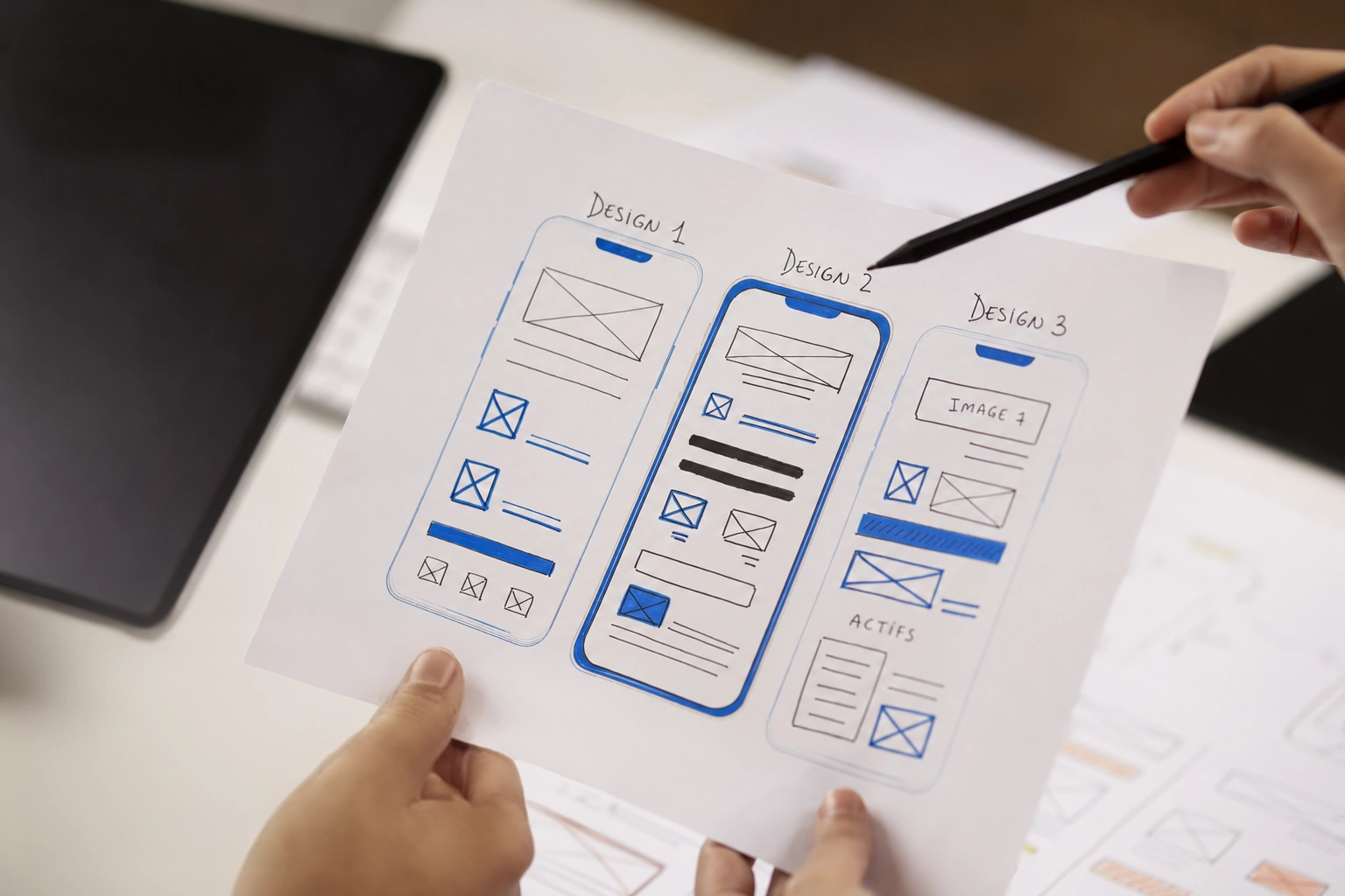 Wireframes of a mobile app on a sheet of paper