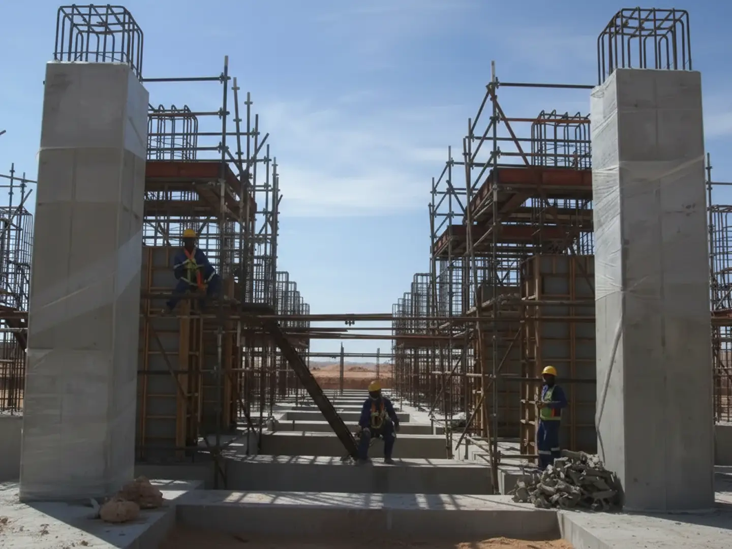 Construction site with concrete columns and scaffolding, three workers wearing safety gear.