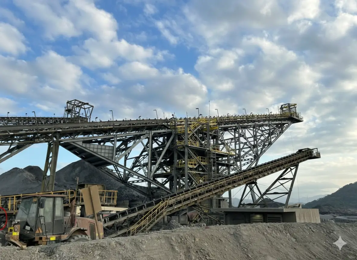 Industrial mining conveyor system with large piles of gravel and cloudy sky background.