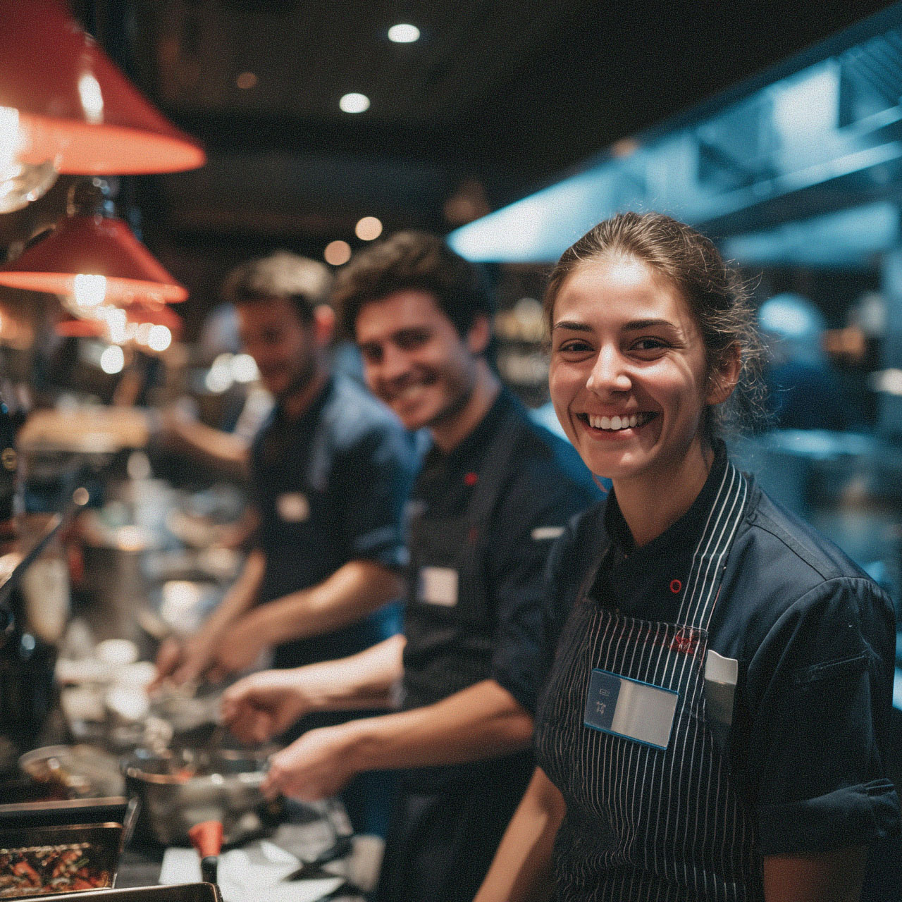 Smiling kitchen staff working together behind the line in a professional restaurant kitchen