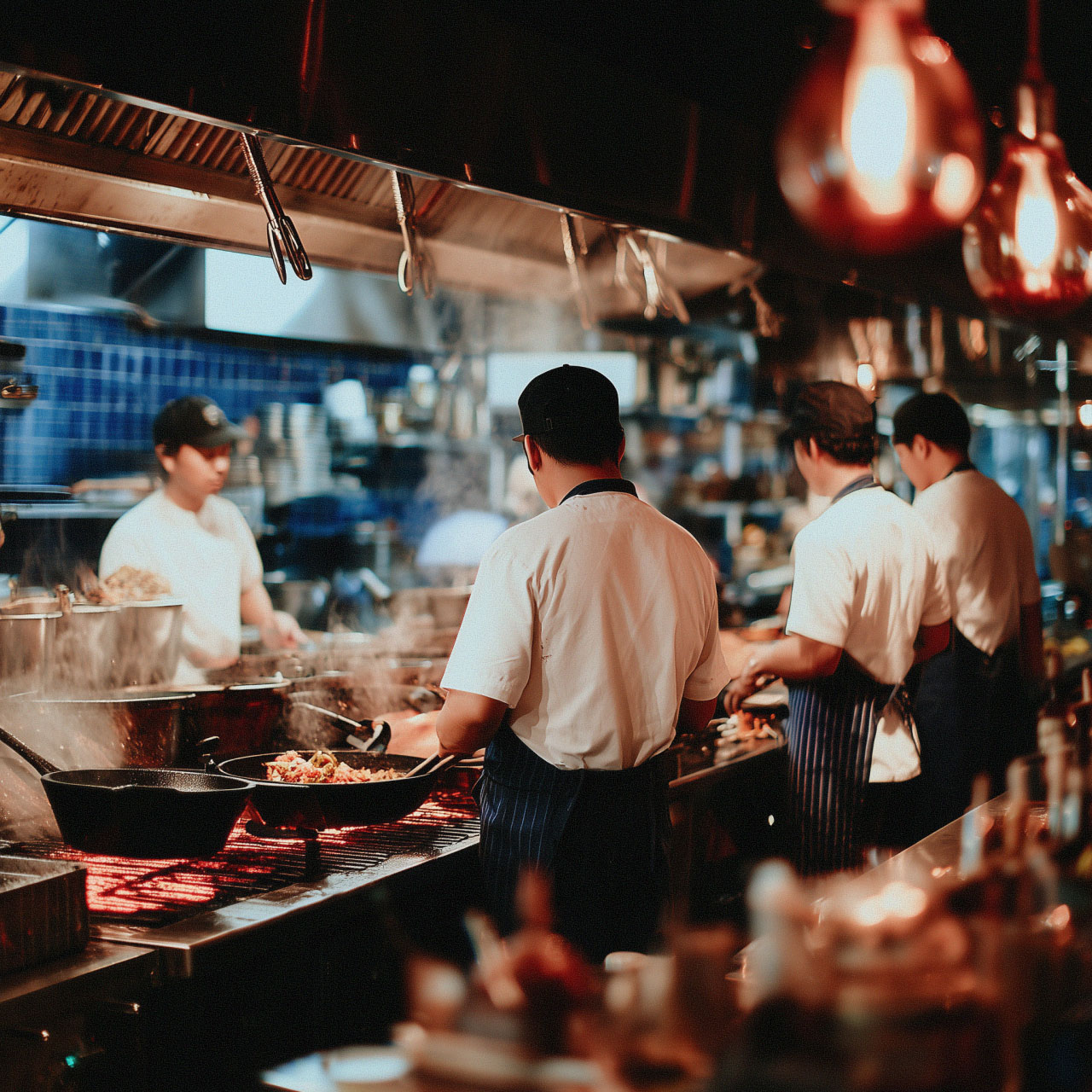 Chefs cooking in a busy commercial kitchen with steam rising from multiple pans